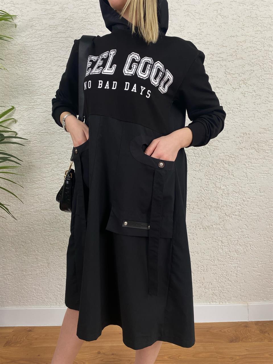 TASARIM BASKILI SWEAT ELBİSE SİYAH