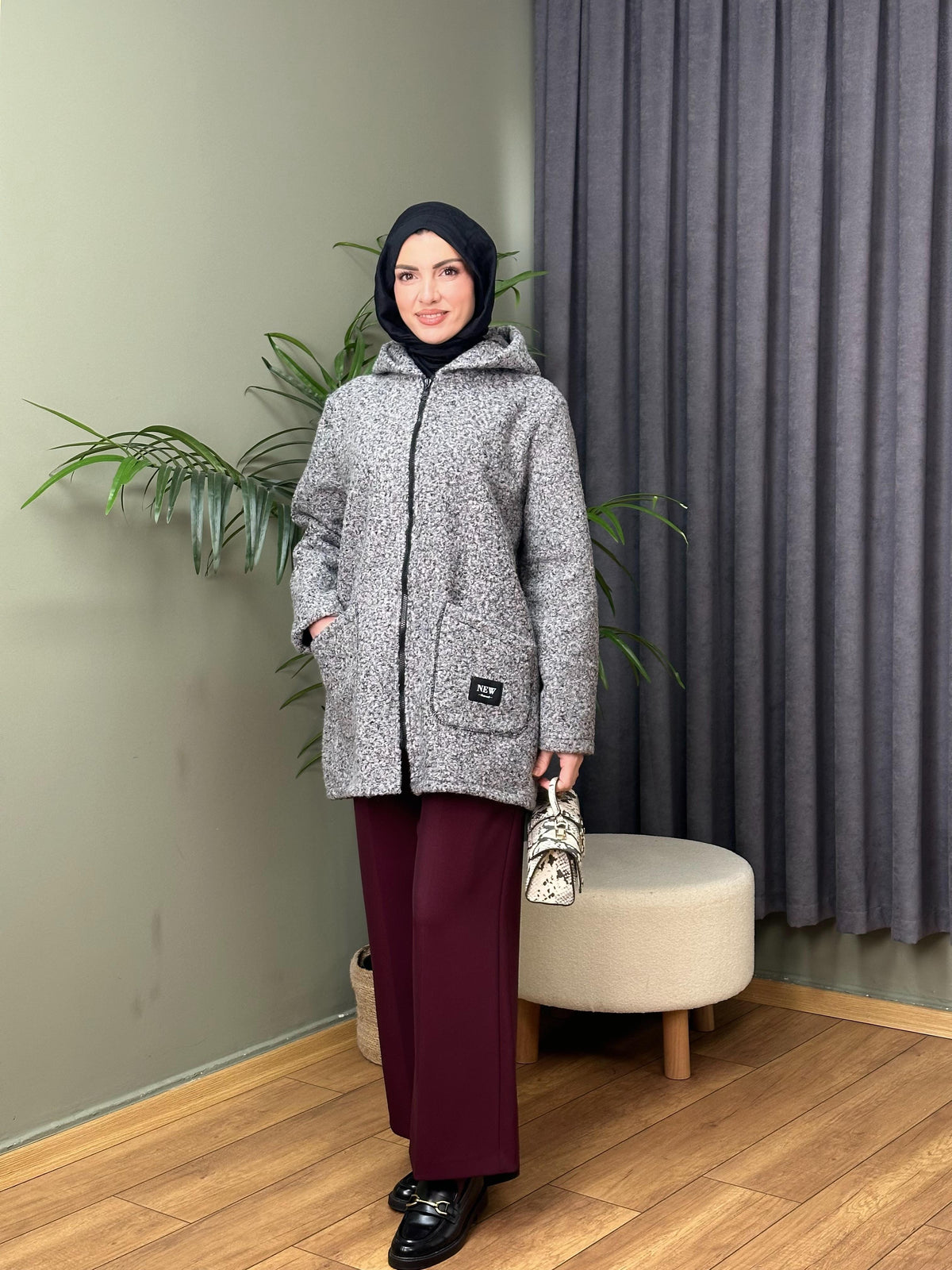 TASARIM BUKLET KAPÜŞONLU KABAN GRİ