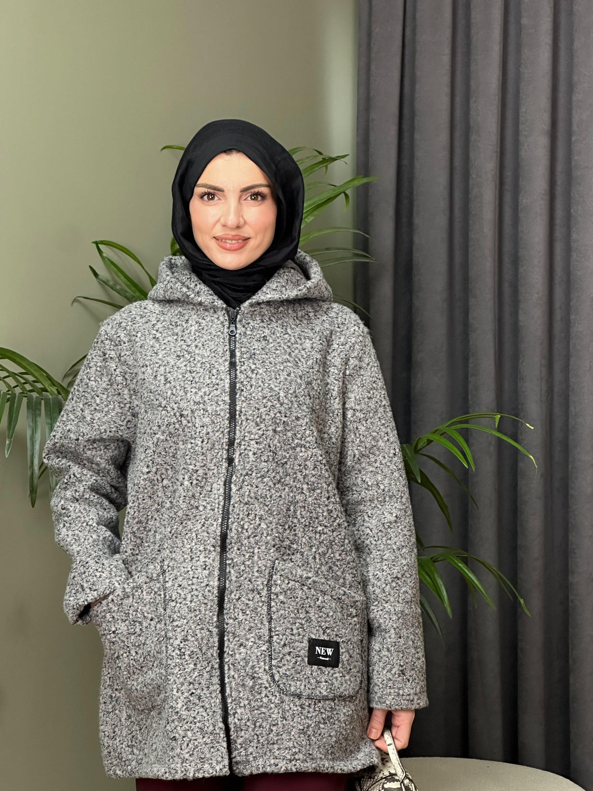 TASARIM BUKLET KAPÜŞONLU KABAN GRİ