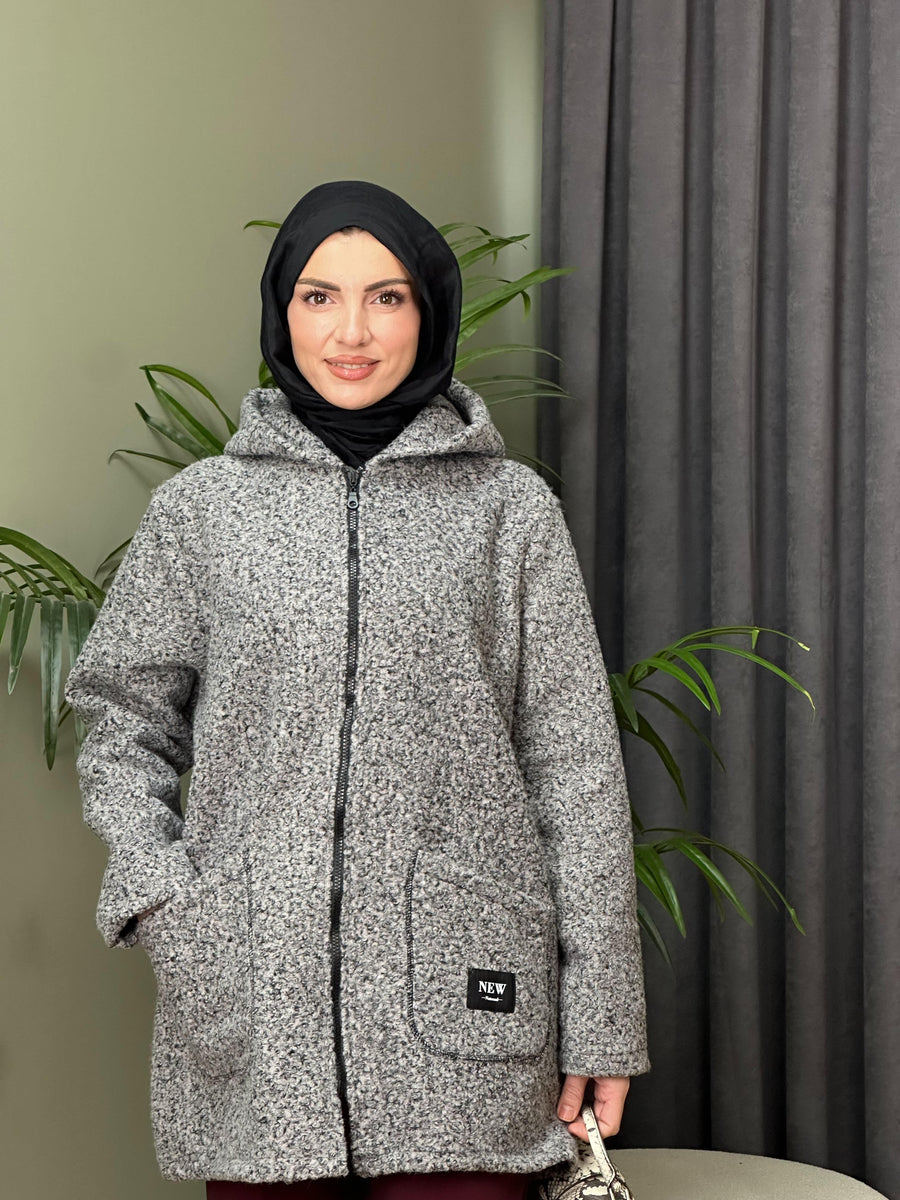TASARIM BUKLET KAPÜŞONLU KABAN GRİ