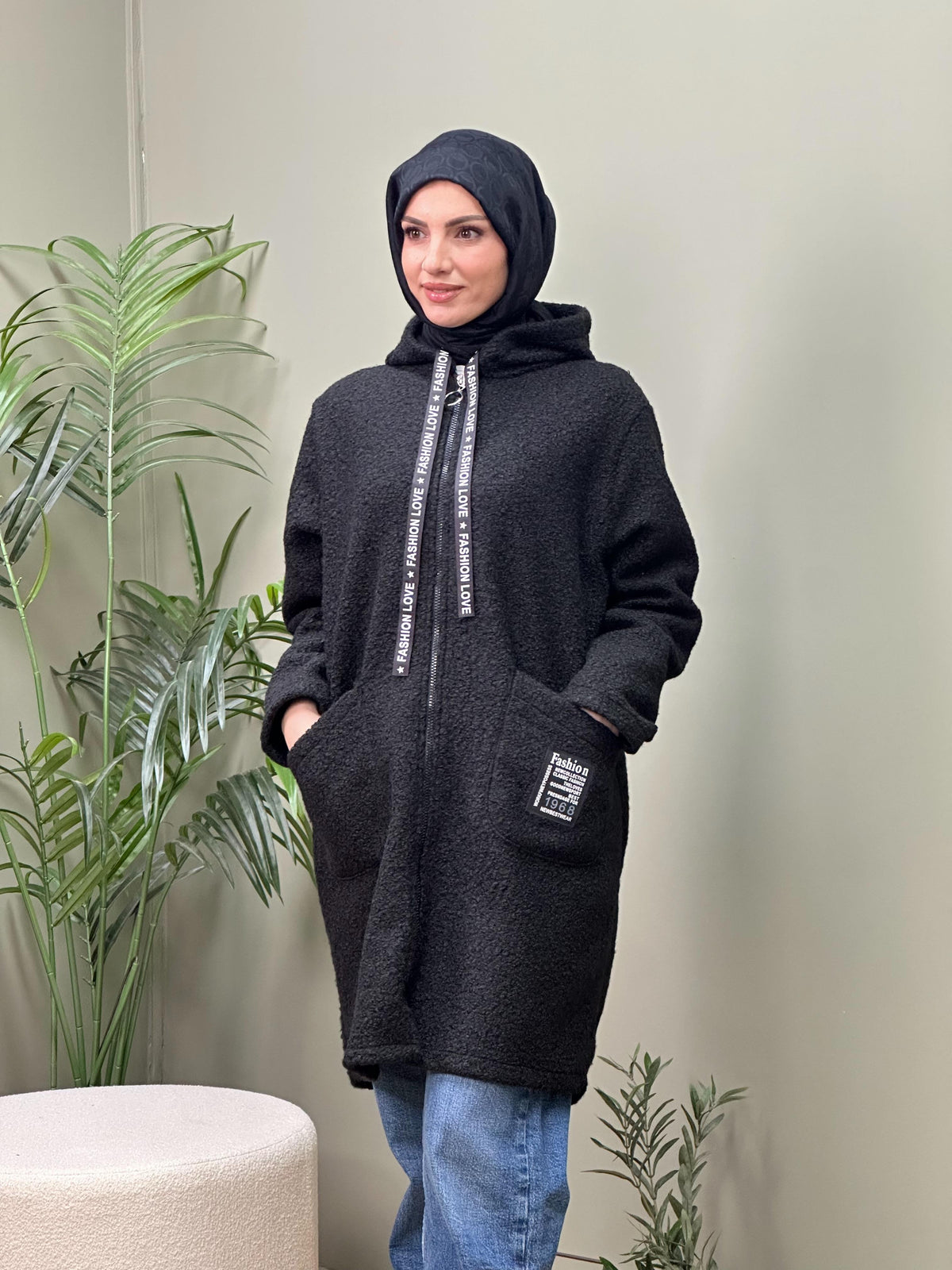 TASARIM BUKLET KAPÜŞONLU KABAN SİYAH