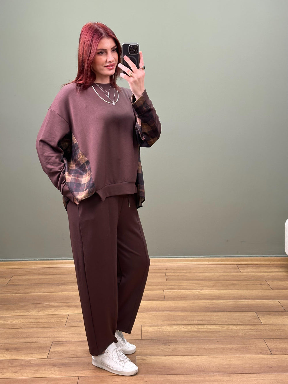TASARIM EKOSE DESEN ASİMETRİK KESİM TAKIM ACI KAHVE