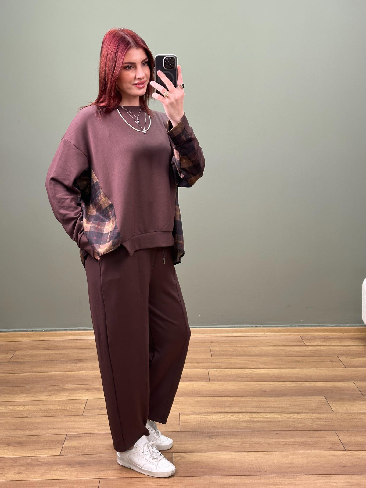 TASARIM EKOSE DESEN ASİMETRİK KESİM TAKIM ACI KAHVE