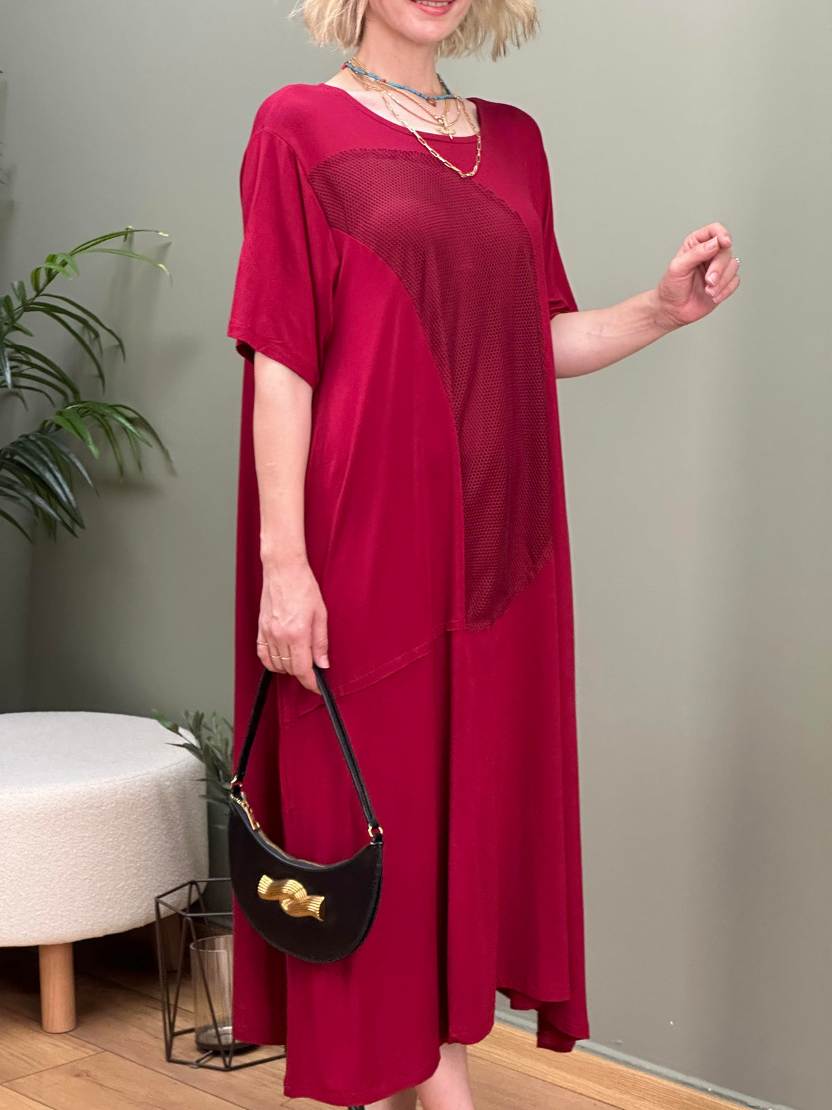 TASARIM FİLE DETAYLI SWEAT ELBİSE BORDO