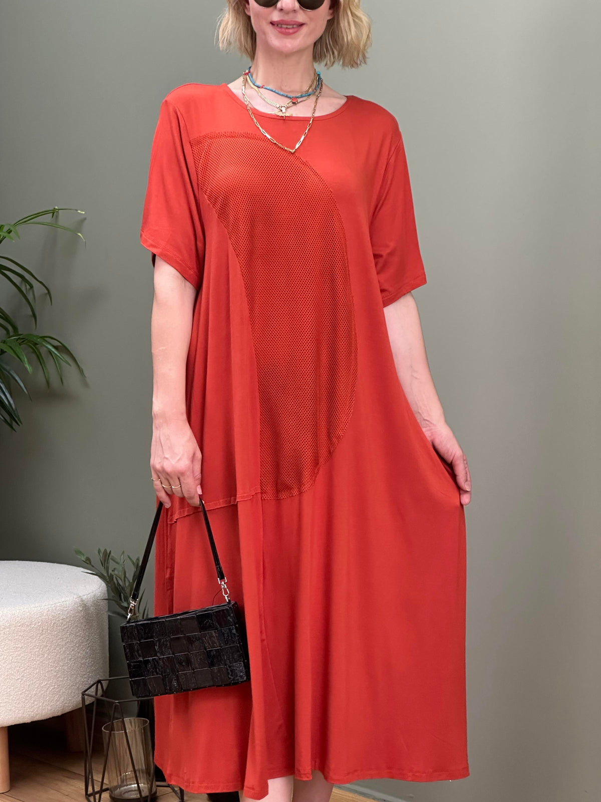 TASARIM FİLE DETAYLI SWEAT ELBİSE TURUNCU