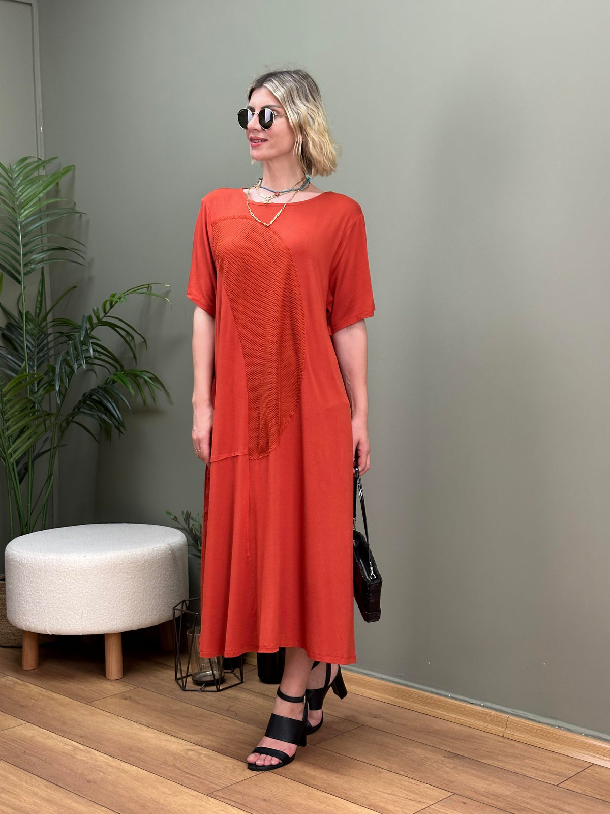 TASARIM FİLE DETAYLI SWEAT ELBİSE TURUNCU