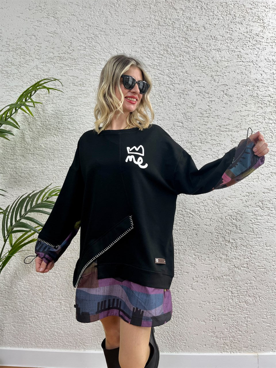 TASARIM MEÇLİ ETEK VE KOL BÜZGÜLÜ  SWEAT TUNİK