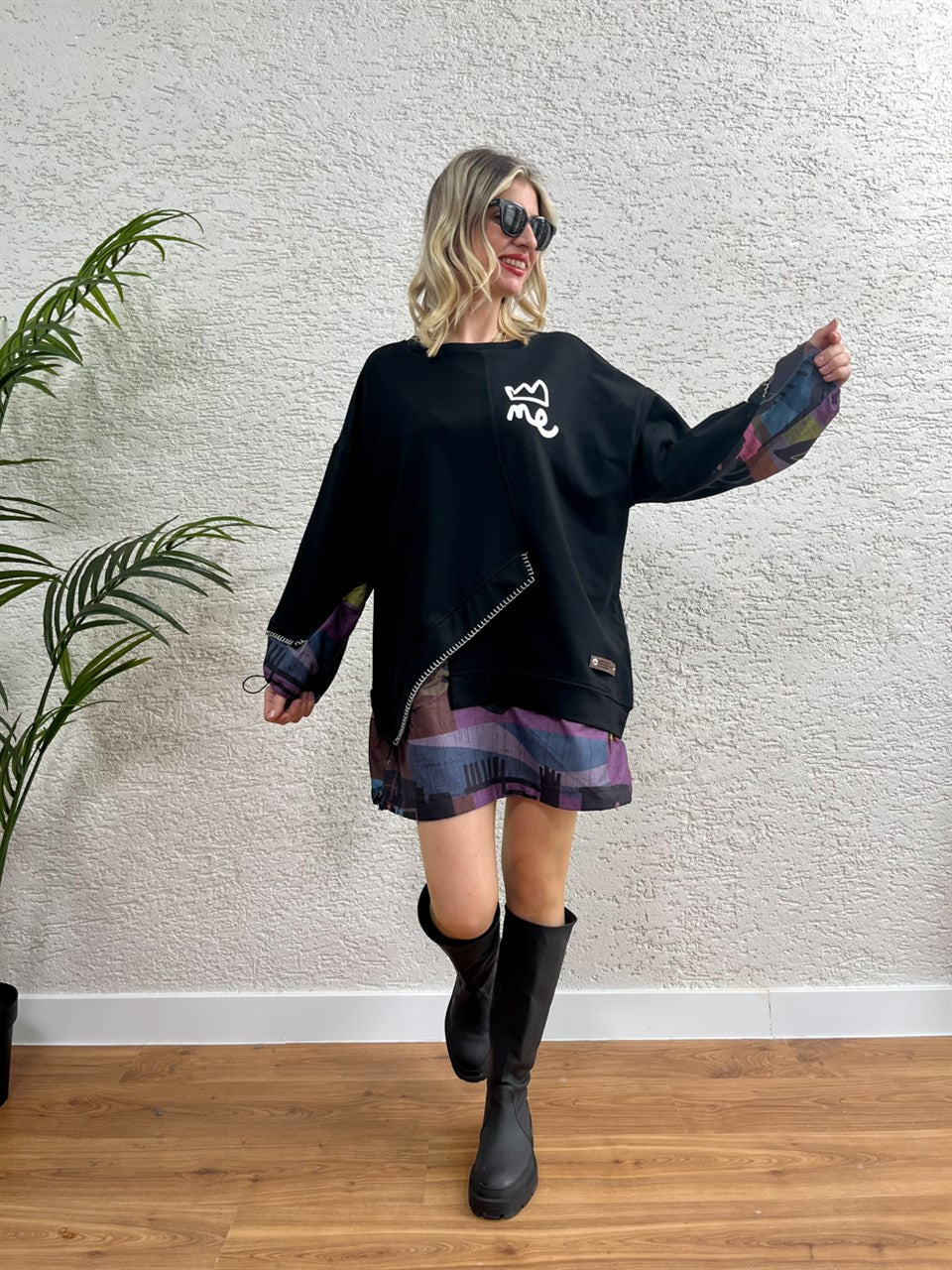 TASARIM MEÇLİ ETEK VE KOL BÜZGÜLÜ  SWEAT TUNİK