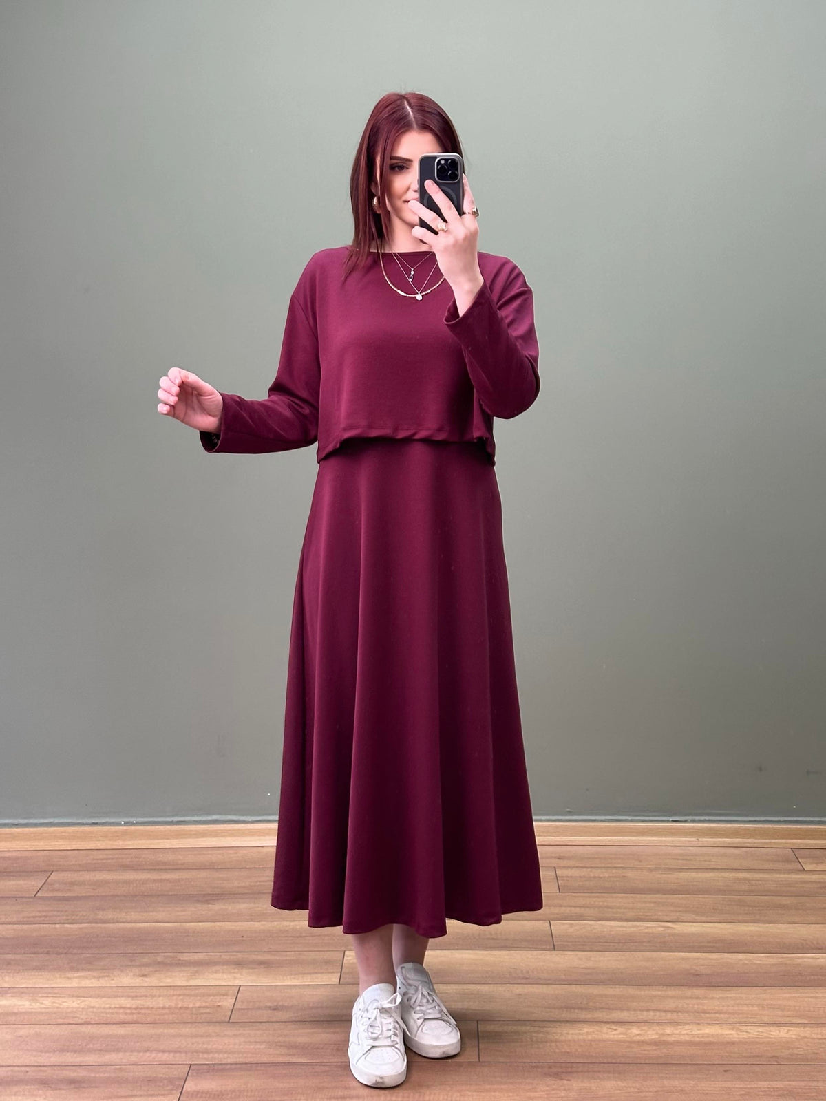 TASARIM MODAL KUMAŞ İKİLİ ELBİSE BORDO
