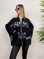 TASARIM SPOR CEKET YARASA KOL SİYAH BASKILI
