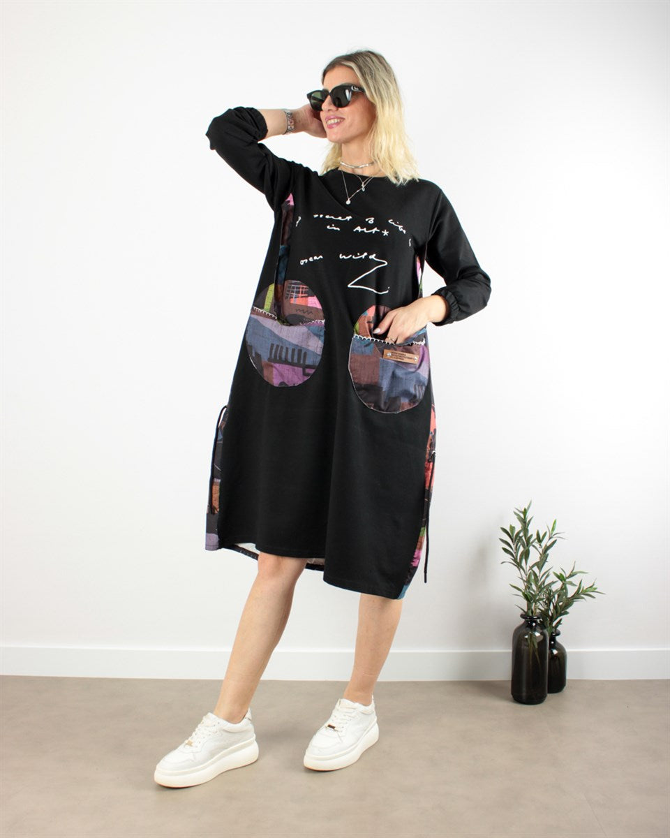 TASARIM SWEAT ELBİSE CEP VE BASKI DETAYLI