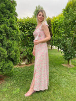 UZUN ÇİÇEK DESENLİ PEMBE ELBİSE