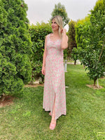 UZUN ÇİÇEK DESENLİ PEMBE ELBİSE
