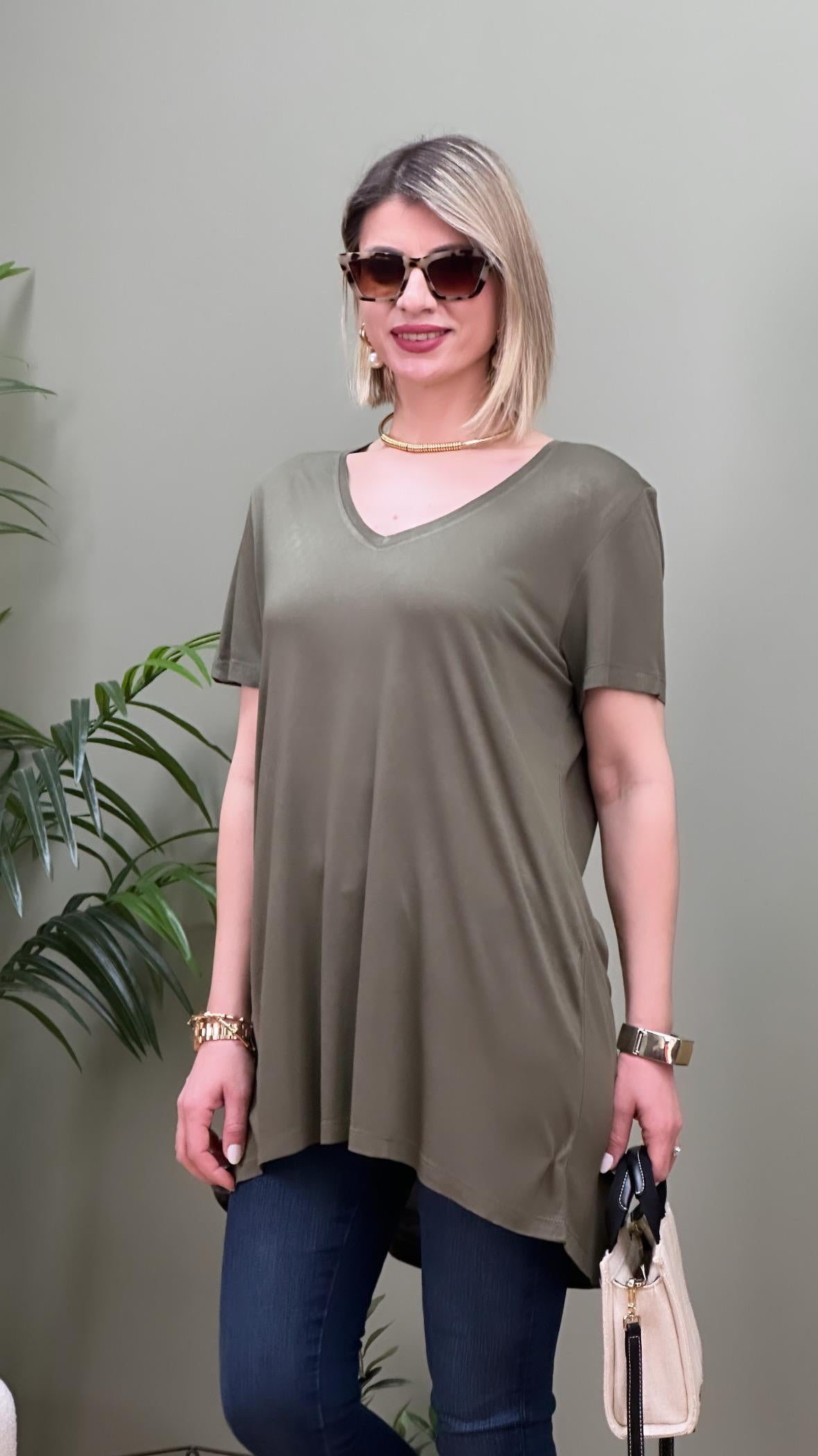 UZUN MODEL MODAL V YAKA T-SHIRT HAKİ