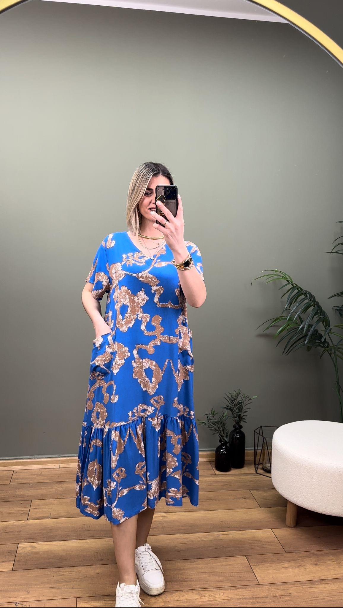 V YAKA ETEK VOLANLI CEPLİ VİSKON ELBİSE MAVİ