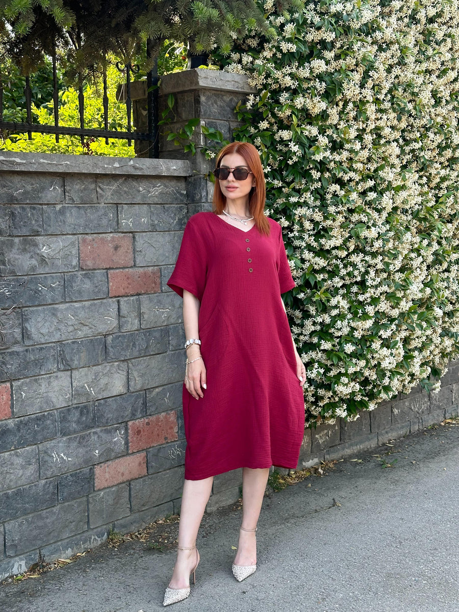 V YAKA MÜSLİN KUMAŞ ELBİSE BORDO
