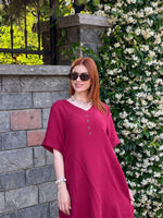V YAKA MÜSLİN KUMAŞ ELBİSE BORDO