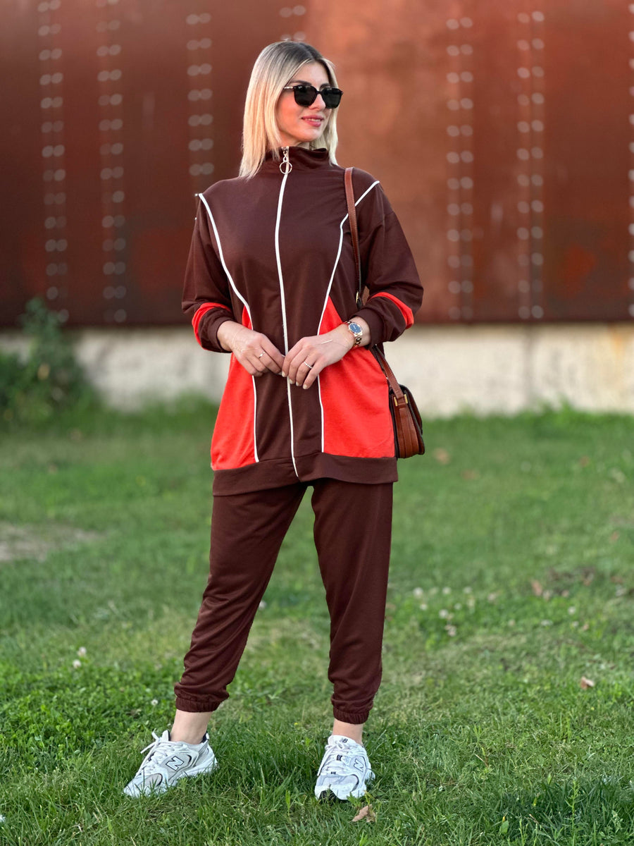 YAN DİKİŞLİ FERMUARLI İKİLİ TAKIM KAHVE TURUNCU