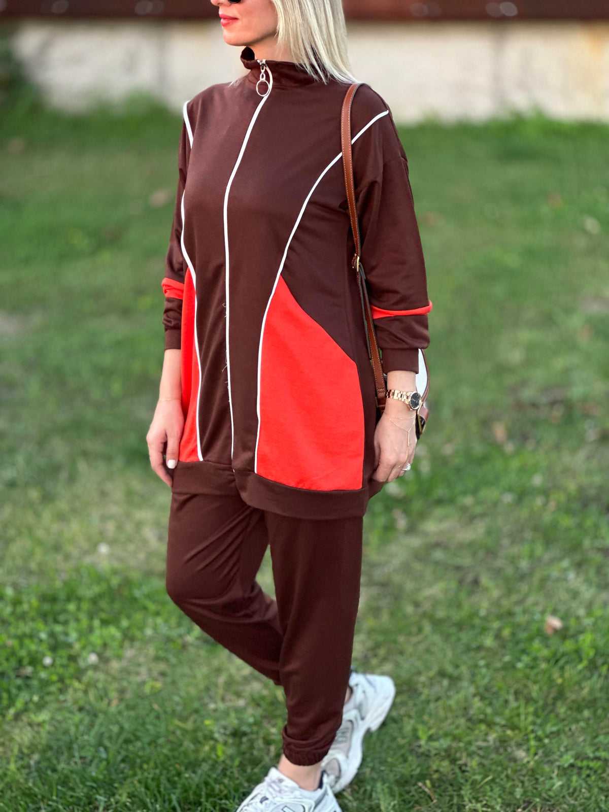 YAN DİKİŞLİ FERMUARLI İKİLİ TAKIM KAHVE TURUNCU