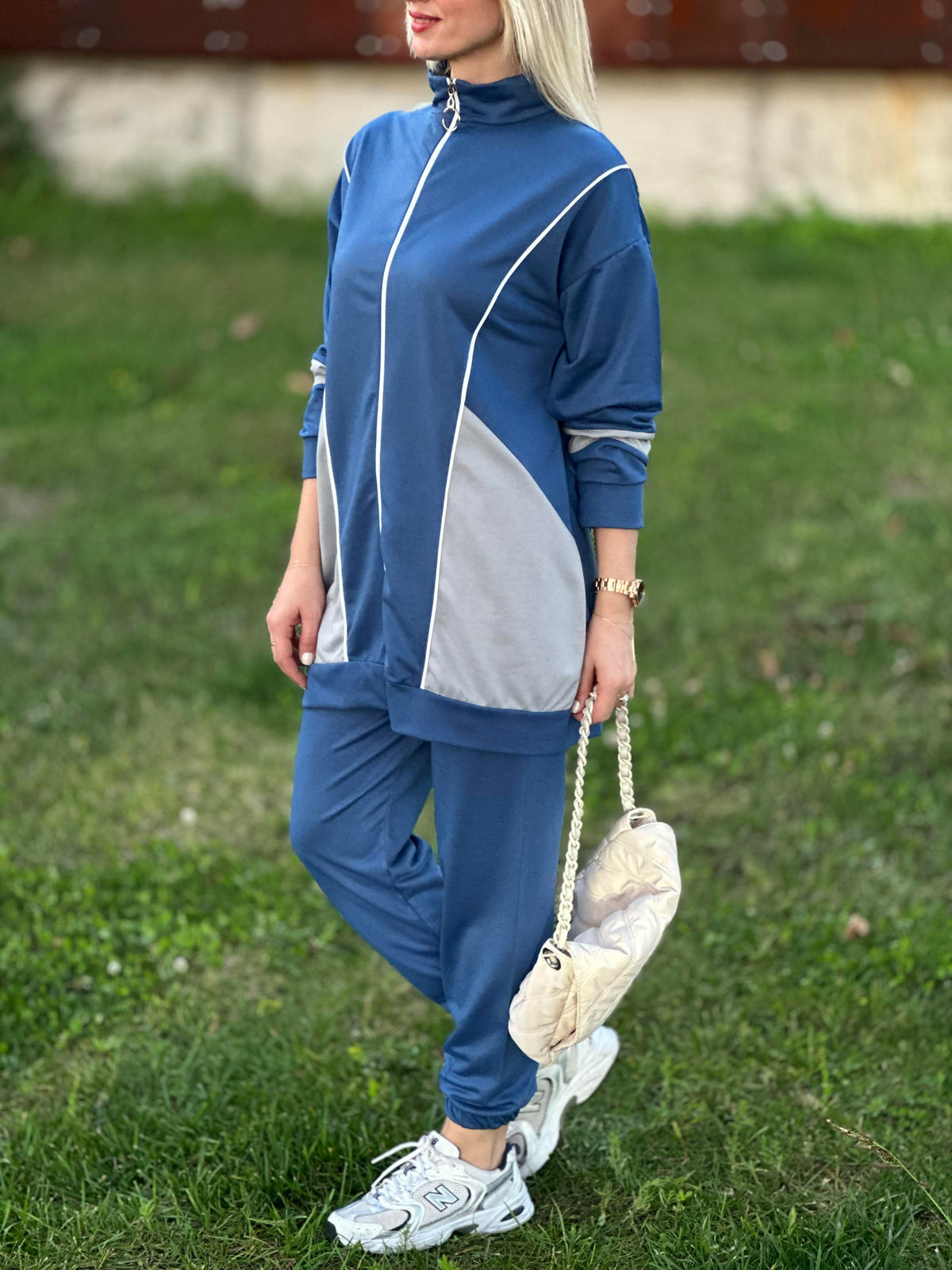 YAN DİKİŞLİ FERMUARLI İKİLİ TAKIM MAVİ GRİ