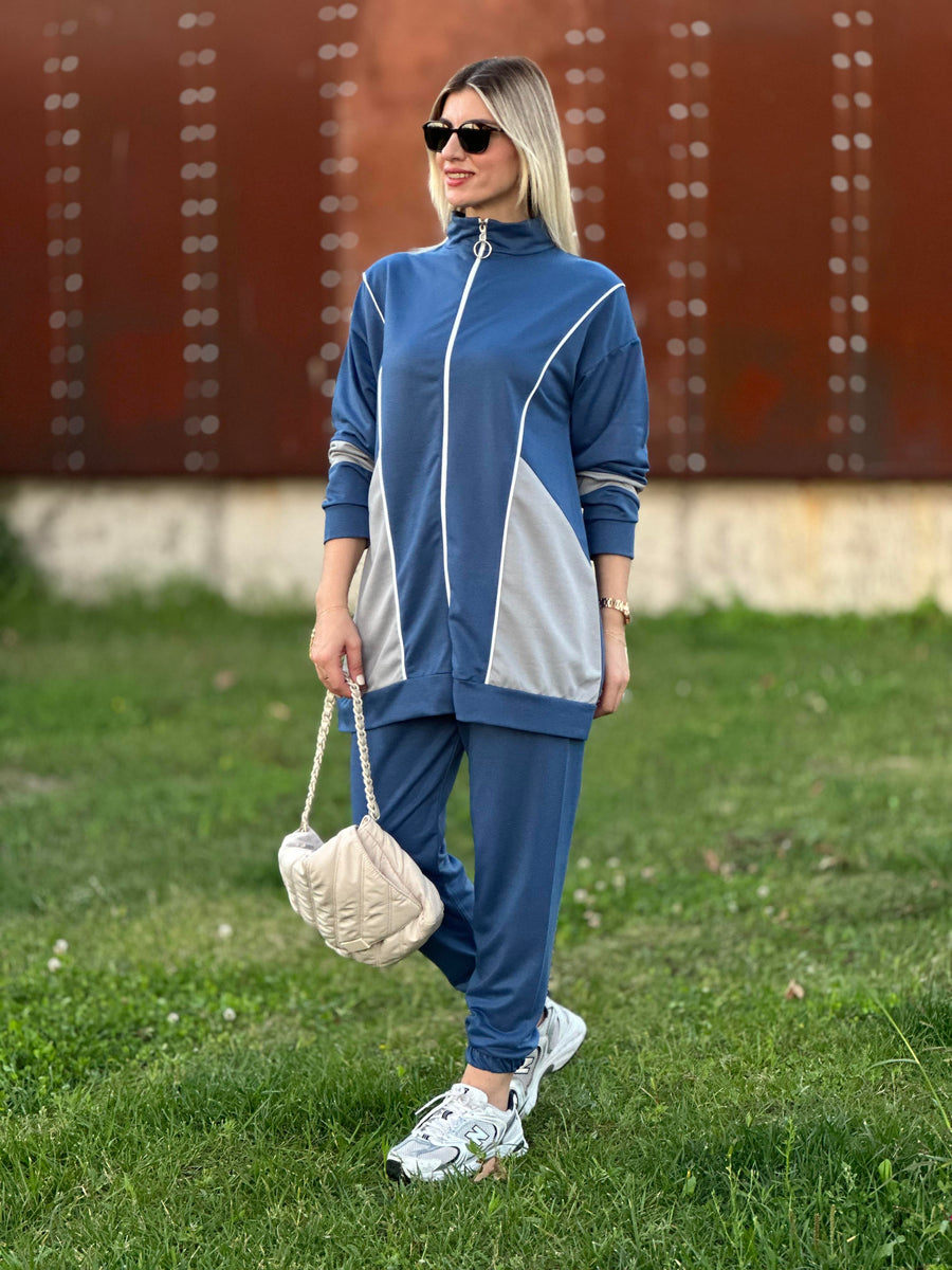 YAN DİKİŞLİ FERMUARLI İKİLİ TAKIM MAVİ GRİ