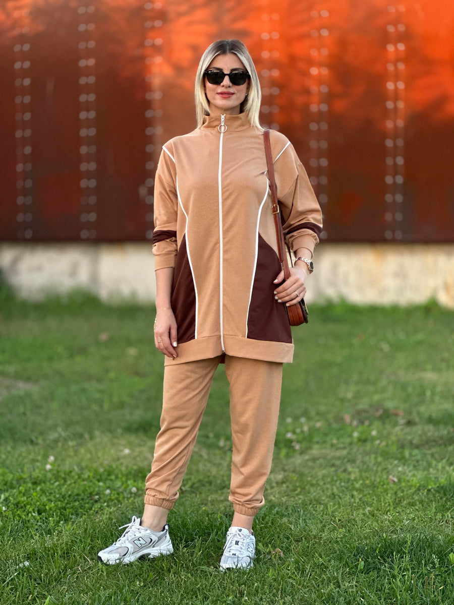 YAN DİKİŞLİ FERMUARLI İKİLİ TAKIM VİZON KAHVE