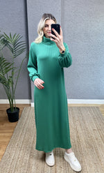 YEŞİL BALIKÇI YAKA FİTİLLİ UZUN ELBİSE