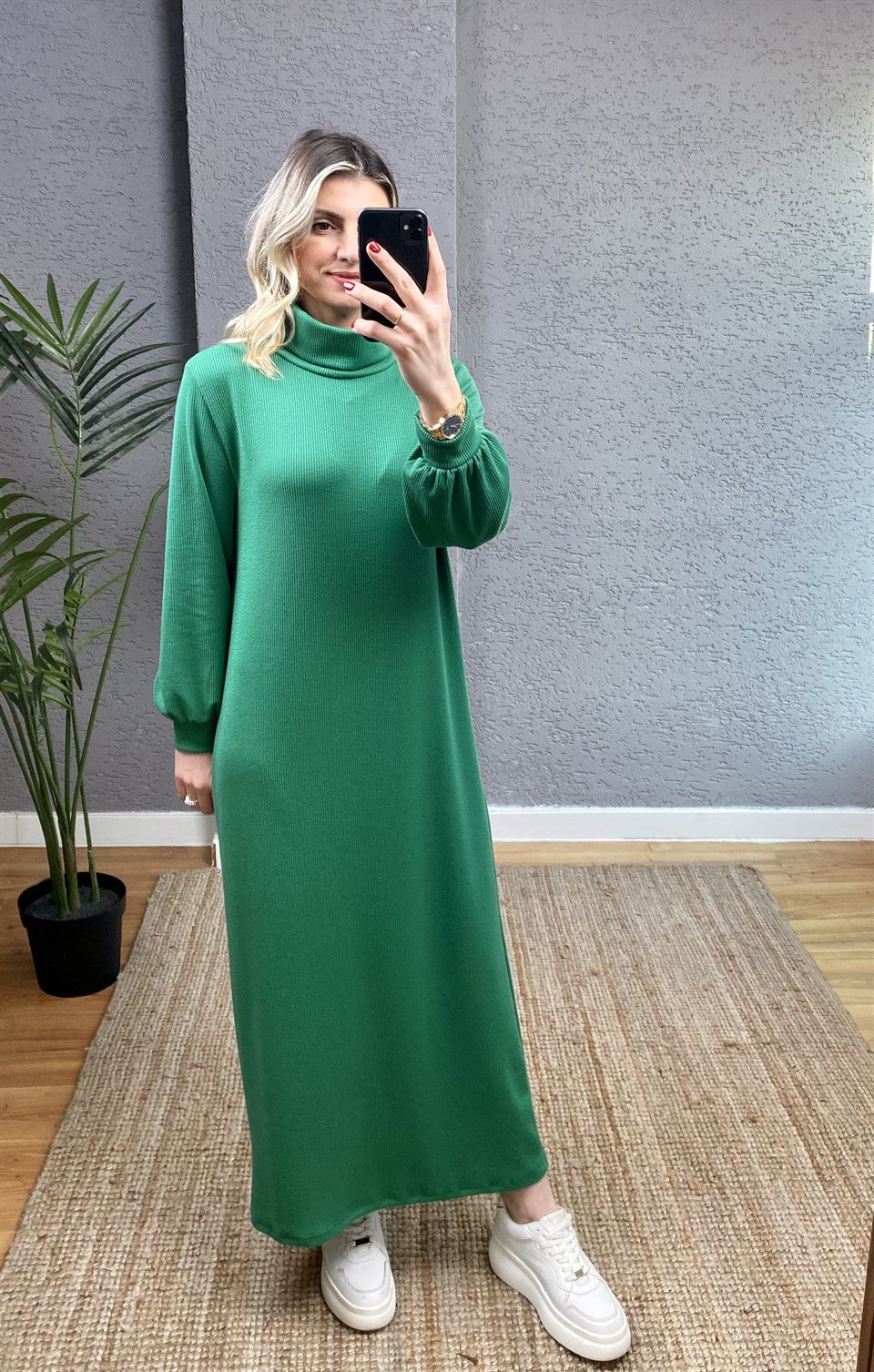 YEŞİL BALIKÇI YAKA FİTİLLİ UZUN ELBİSE