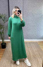 YEŞİL BALIKÇI YAKA FİTİLLİ UZUN ELBİSE