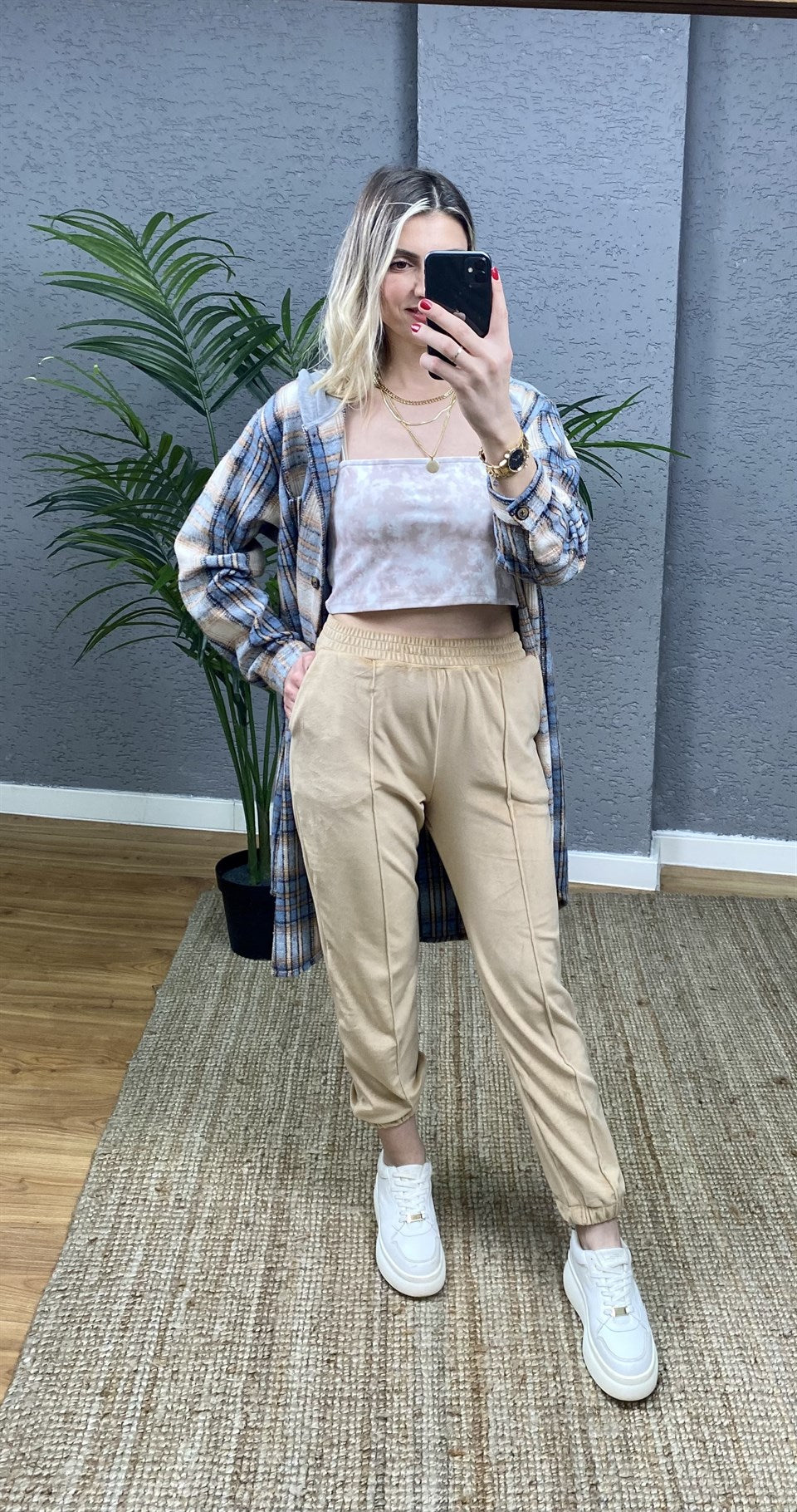 YÜKSEK BEL JOGGER KADİFE PANTOLON BEJ