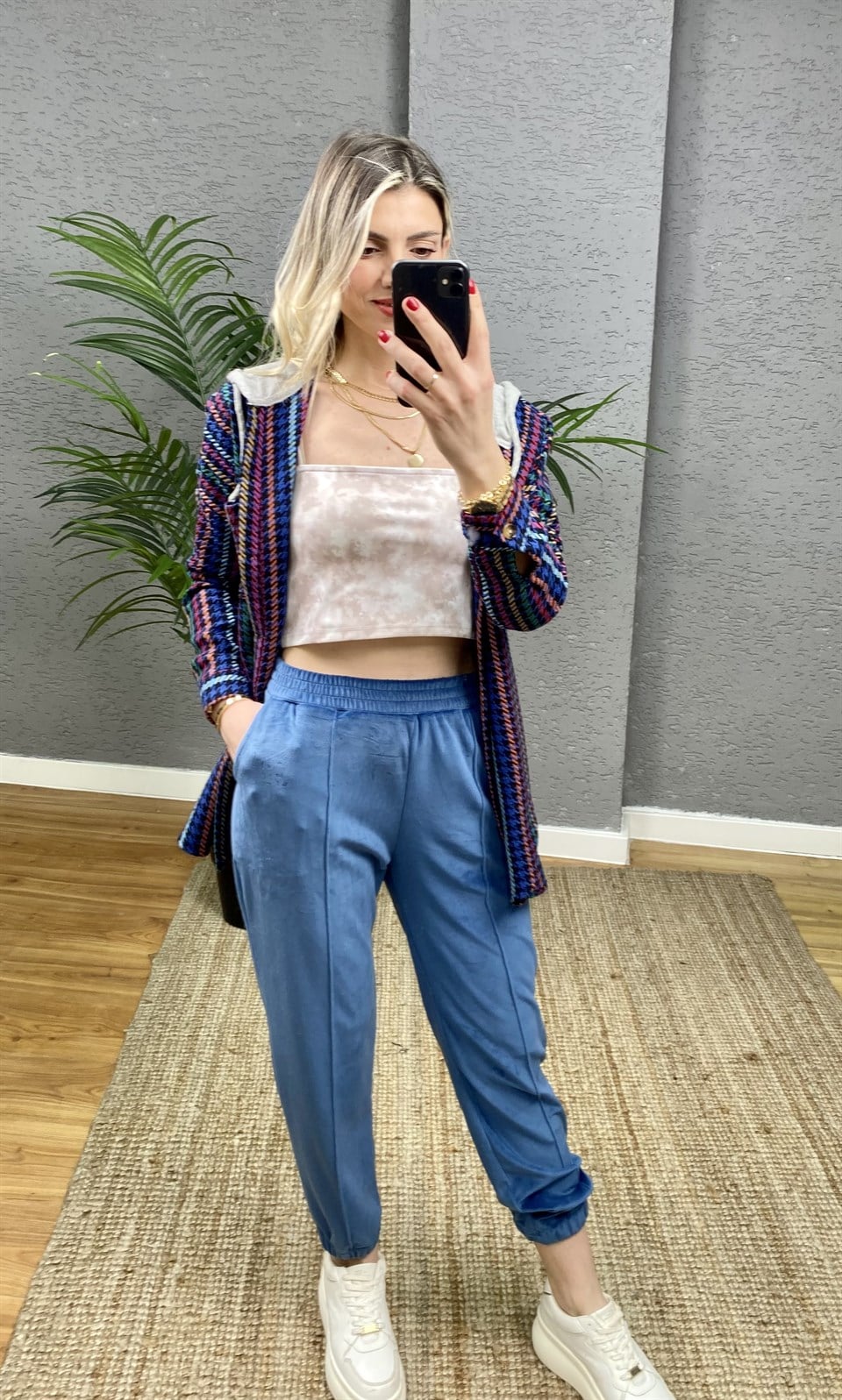 YÜKSEK BEL JOGGER KADİFE PANTOLON SAKS MAVİ
