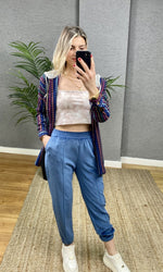 YÜKSEK BEL JOGGER KADİFE PANTOLON SAKS MAVİ
