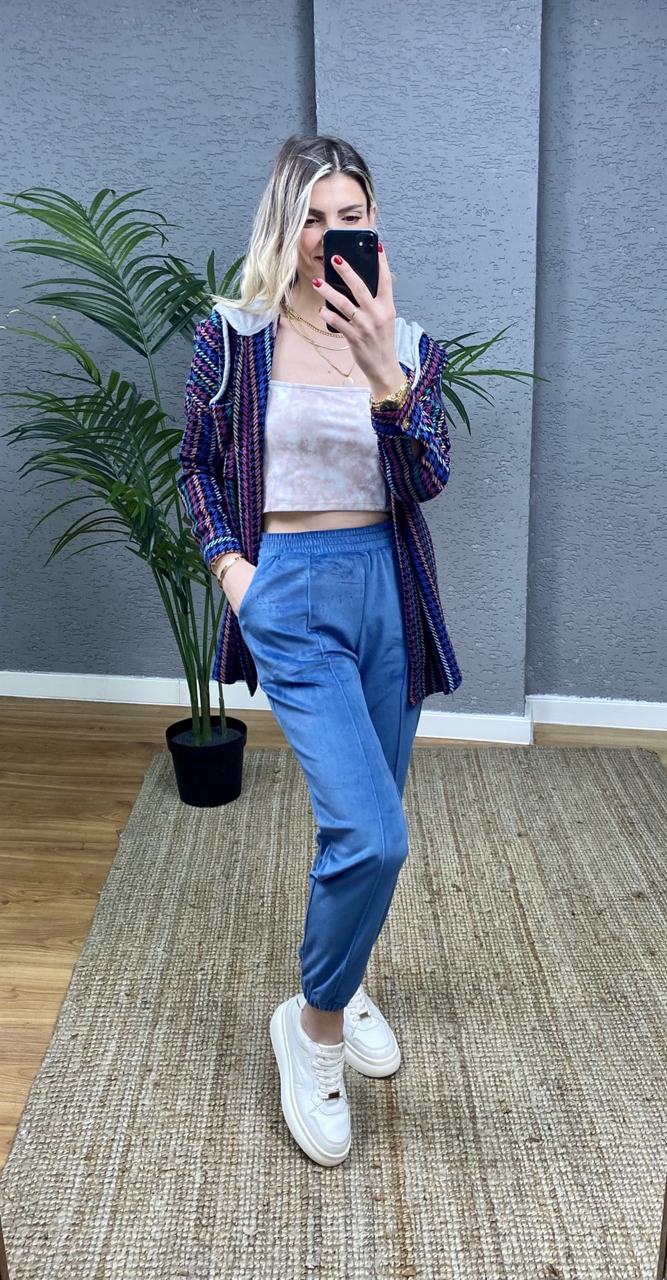 YÜKSEK BEL JOGGER KADİFE PANTOLON SAKS MAVİ
