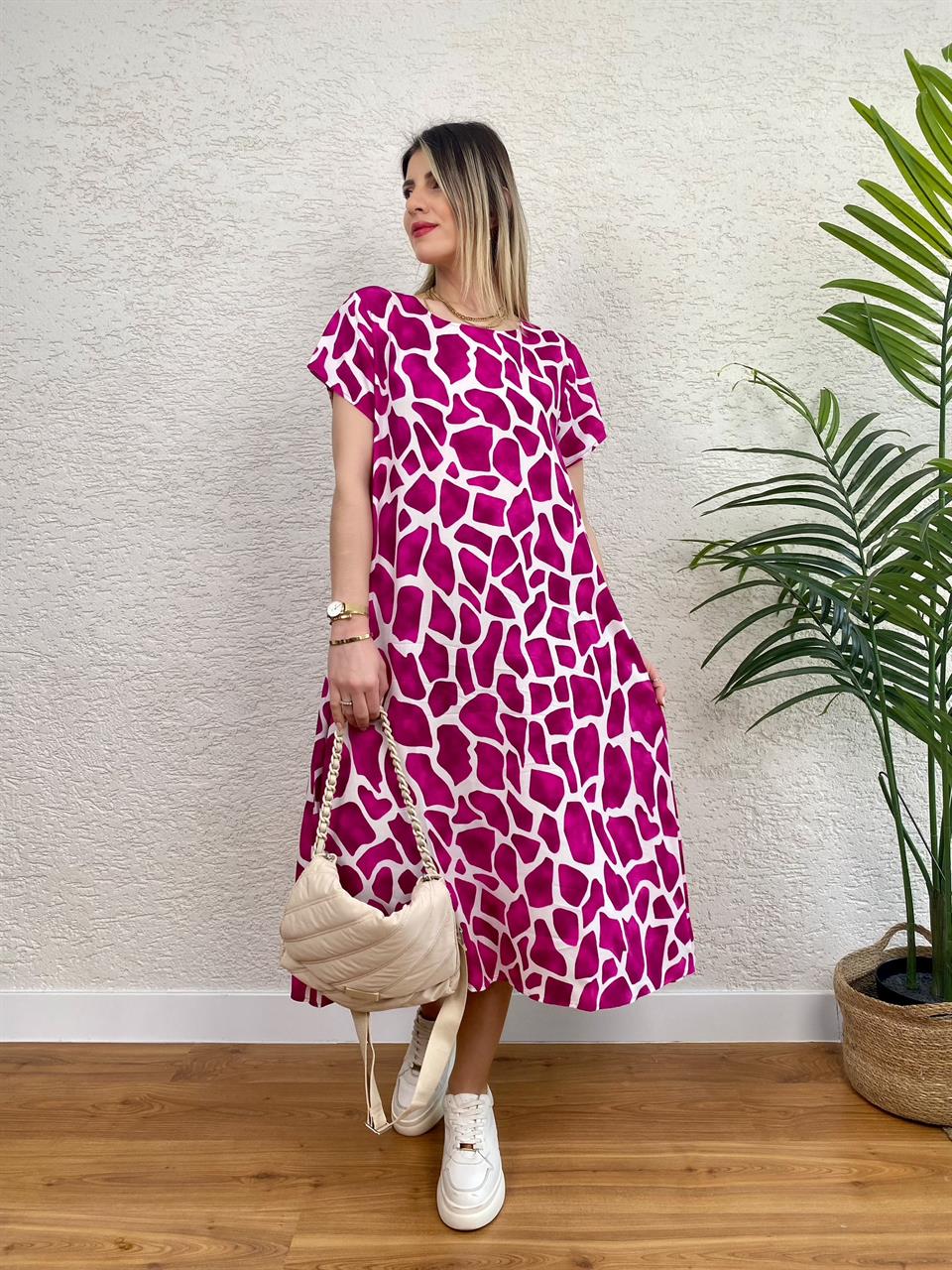 YUVARLAK YAKA CEPLİ VİSKON ELBİSE PEMBE