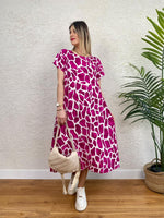 YUVARLAK YAKA CEPLİ VİSKON ELBİSE PEMBE