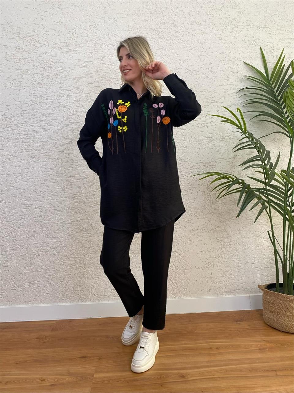 ZARA KETEN KUMAŞ NAKIŞLI TAKIM SİYAH
