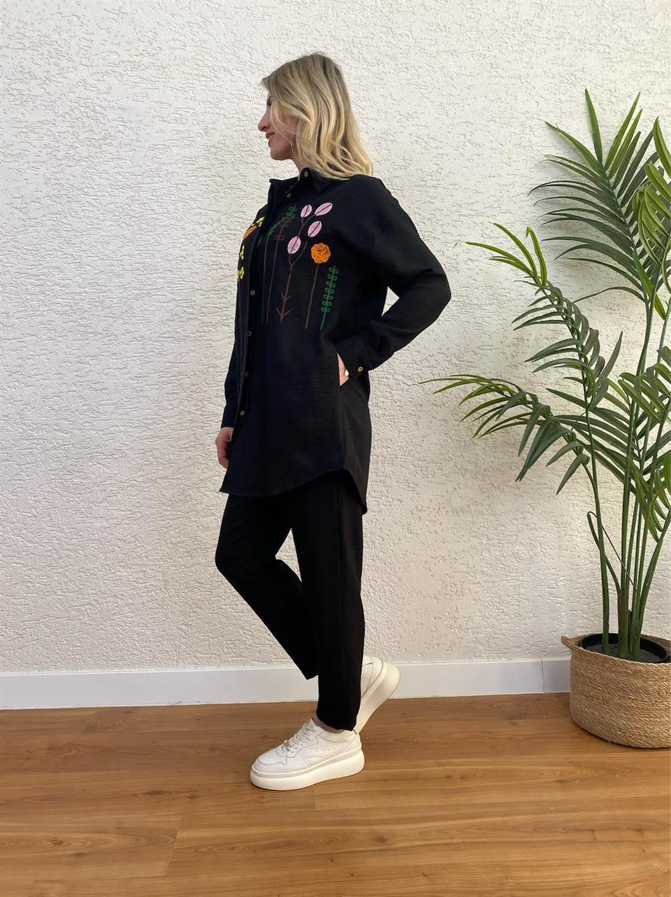 ZARA KETEN KUMAŞ NAKIŞLI TAKIM SİYAH