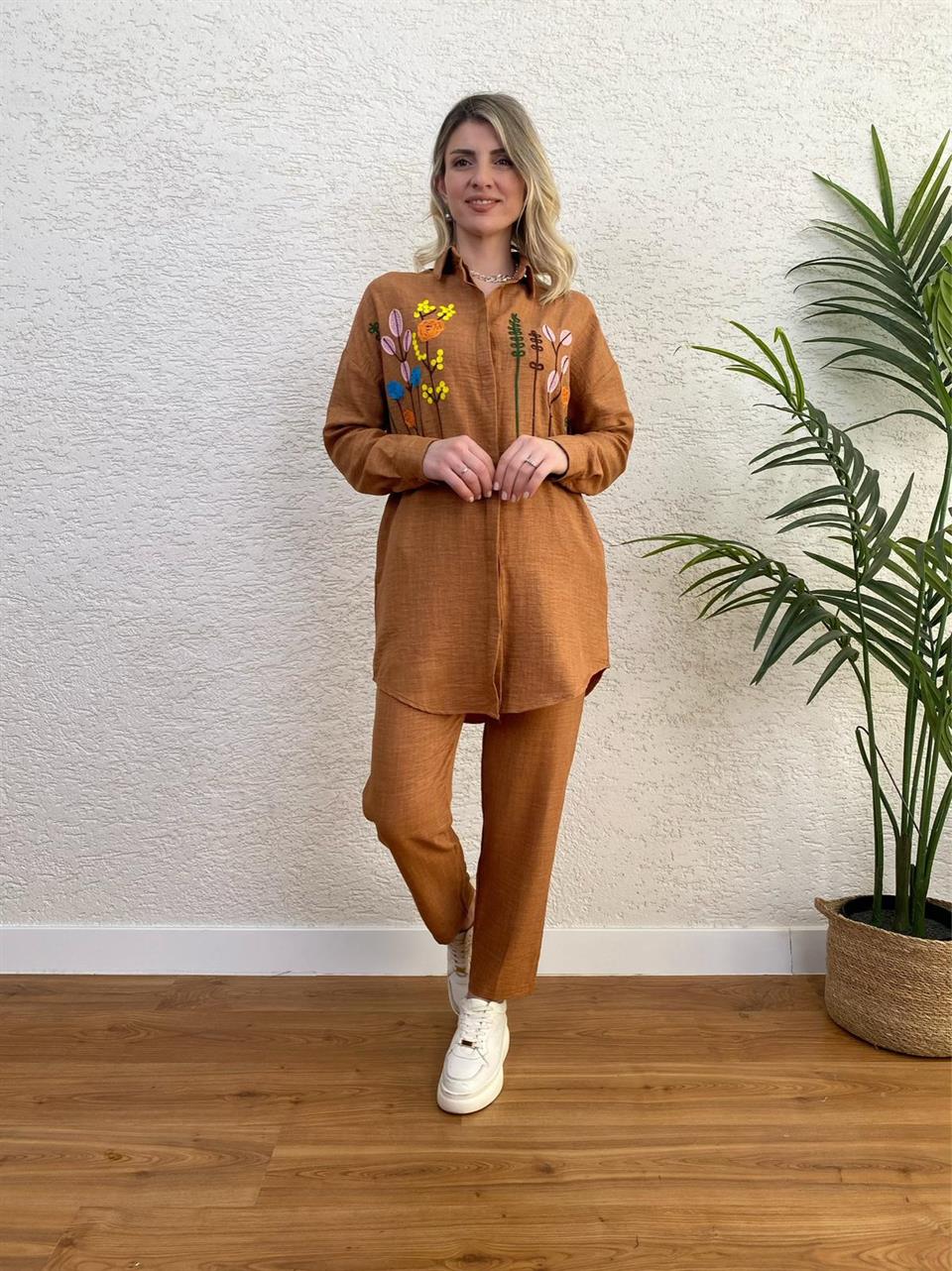 ZARA KETEN KUMAŞ NAKIŞLI TAKIM TARÇIN