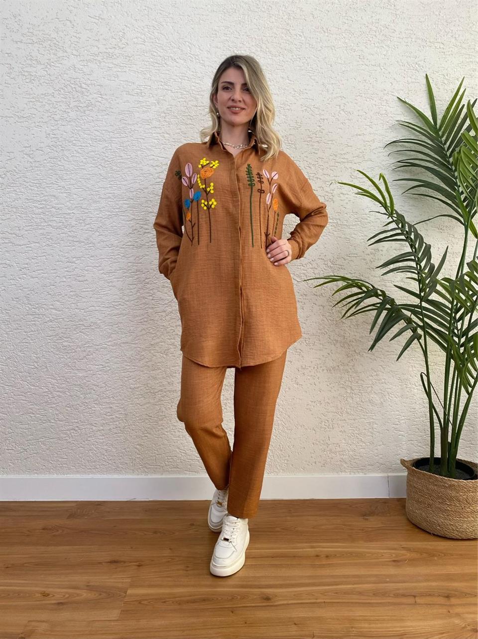 ZARA KETEN KUMAŞ NAKIŞLI TAKIM TARÇIN